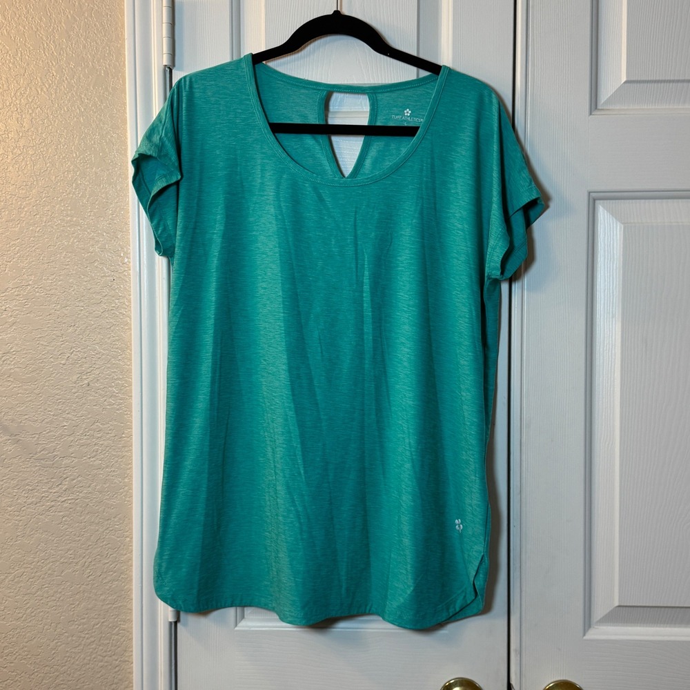 Tuff Athletics Women's Short Sleeve Keyhole Tee/Yoga Shirt, Spectra Green, Sz L